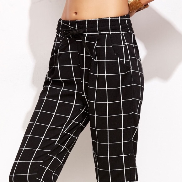 RESTOCKED! Black and White Grid Drawstring Pants - Picture 4 of 5
